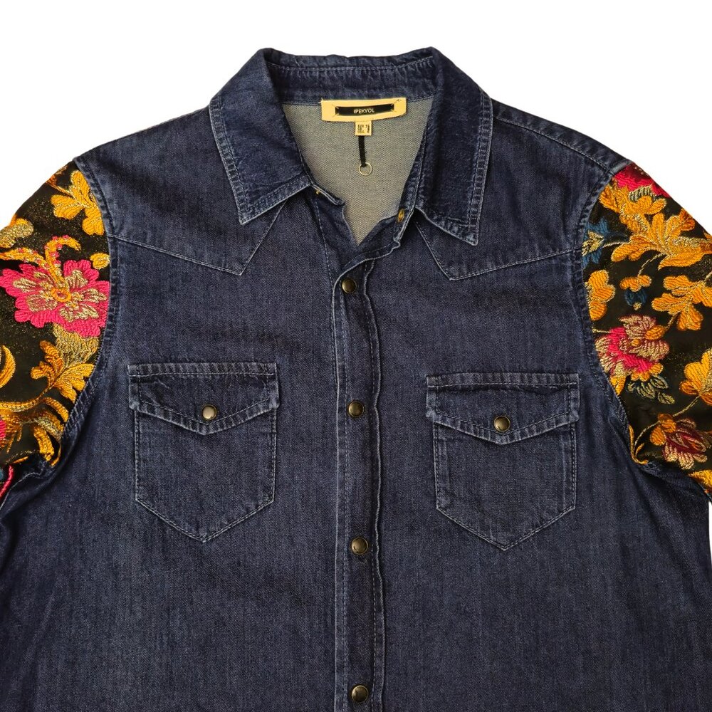 Vintage Denim Shirt Boho Jacket Embroidered Floral Ipekyol Size 6 Hi Low - Picture 2 of 11